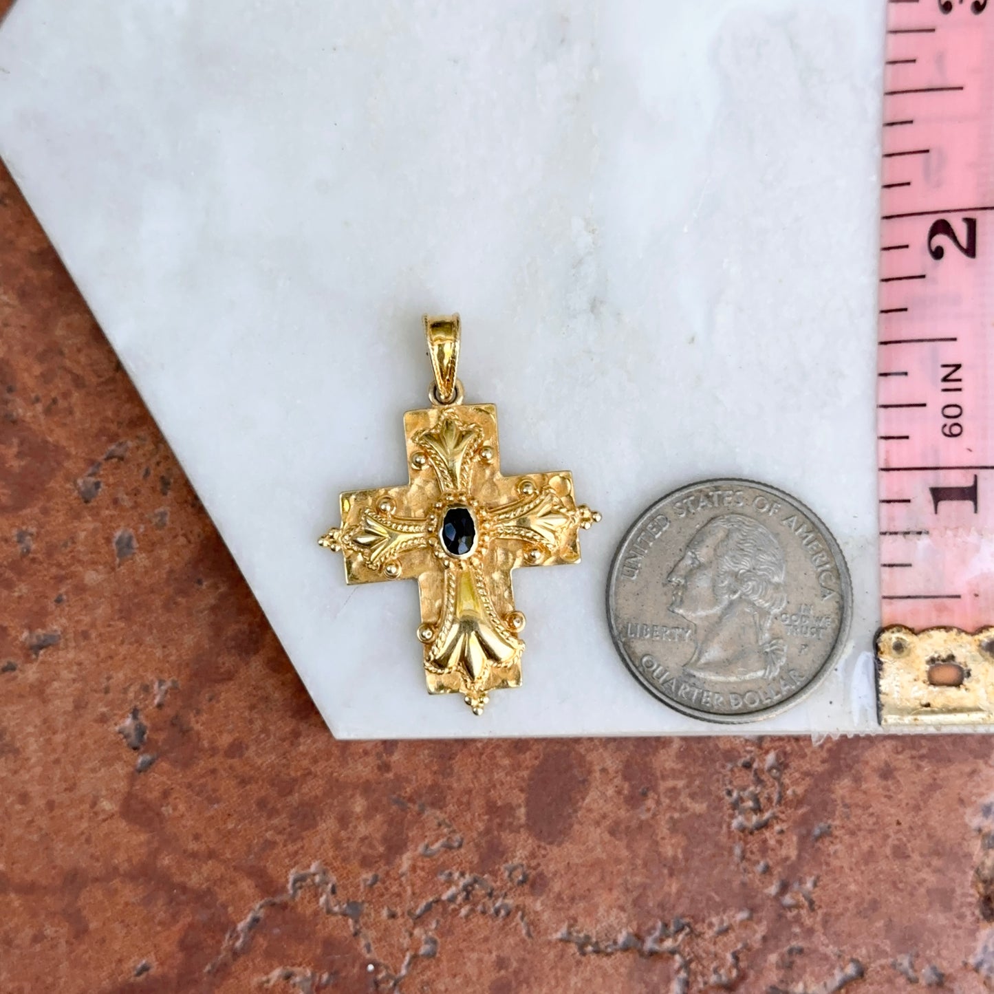 Estate 14KT Yellow Gold Byzantine Blue Sapphire Cross Pendant