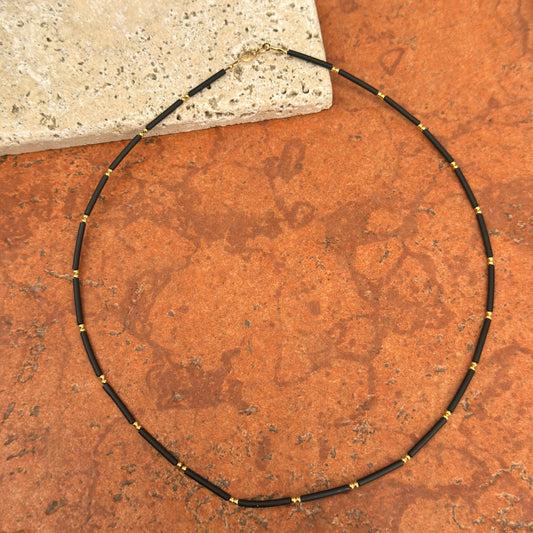 Estate 18KT Yellow Gold + Black Rubber Segmented Necklace