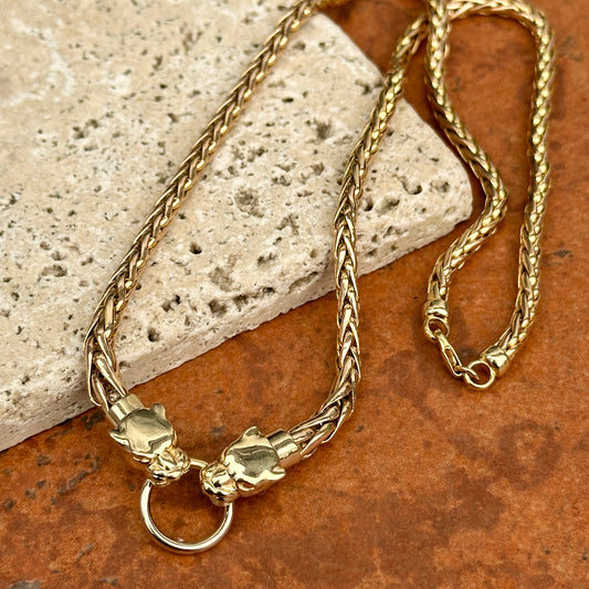 Estate 14KT Yellow Gold Double Panther Ring Wheat Chain Necklace