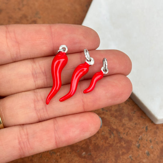 Sterling Silver Red Enamel Italian Horn Pendant Charm