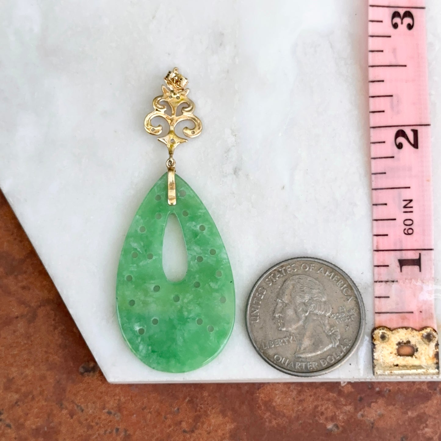 Estate 14KT Yellow Gold Carved Jade + Diamond Dangle Drop Earrings