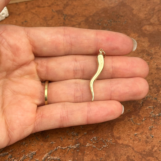 14KT Yellow Gold Solid 3D Corn Italian Horn Pendant 40mm