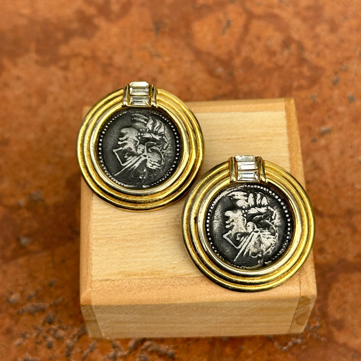 Estate Gold-Tone Bezel Replica Ancient Roman Coin Clip-On Earrings