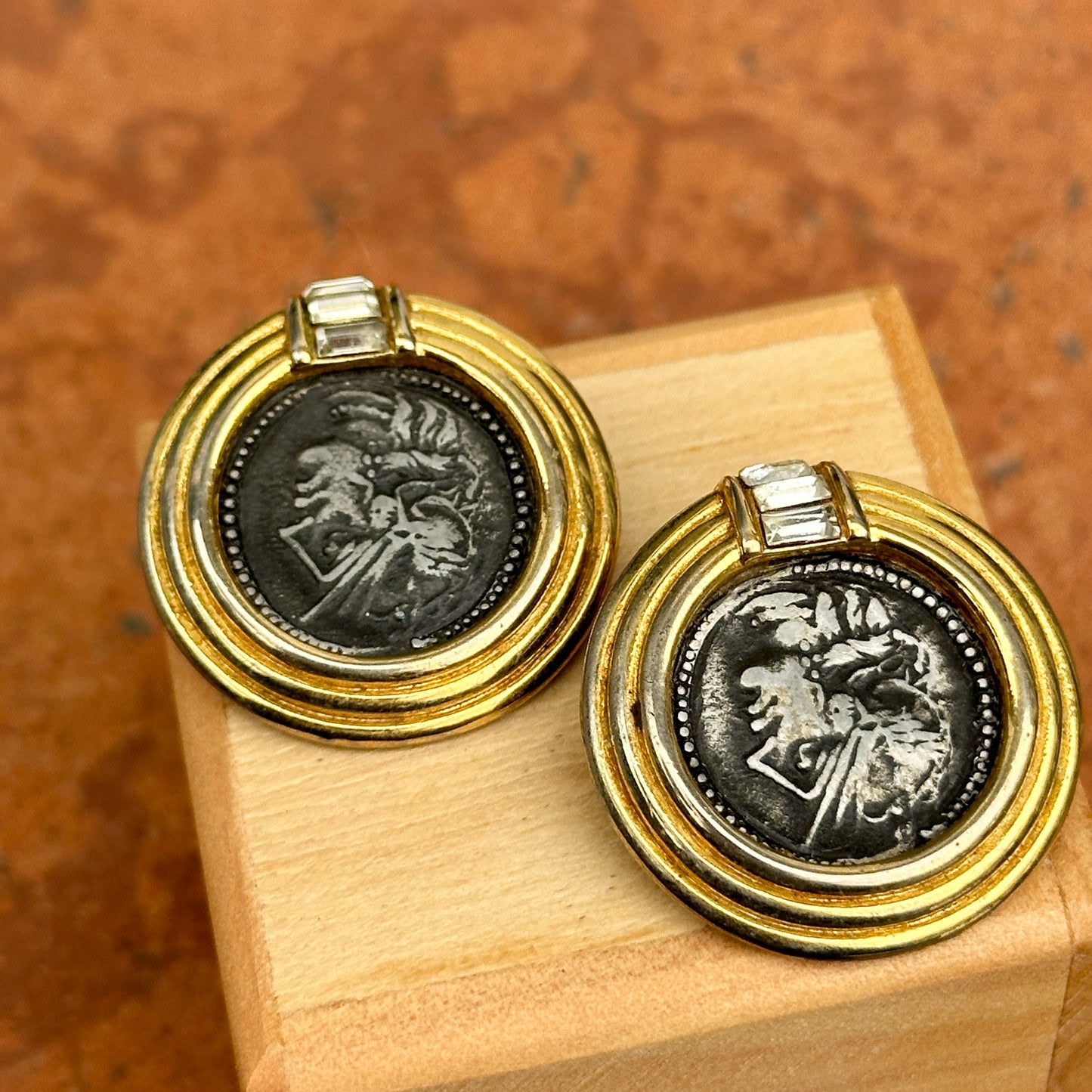 Estate Gold-Tone Bezel Replica Ancient Roman Coin Clip-On Earrings