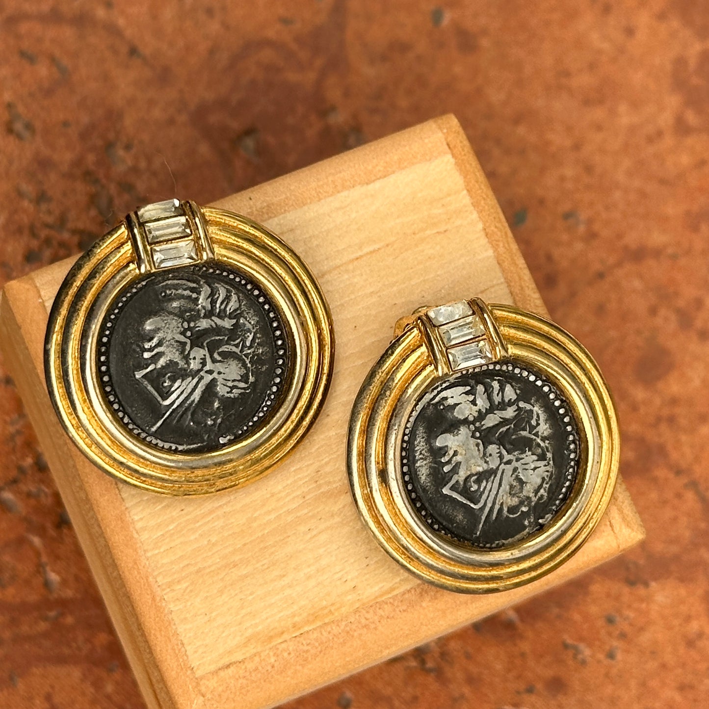 Estate Gold-Tone Bezel Replica Ancient Roman Coin Clip-On Earrings