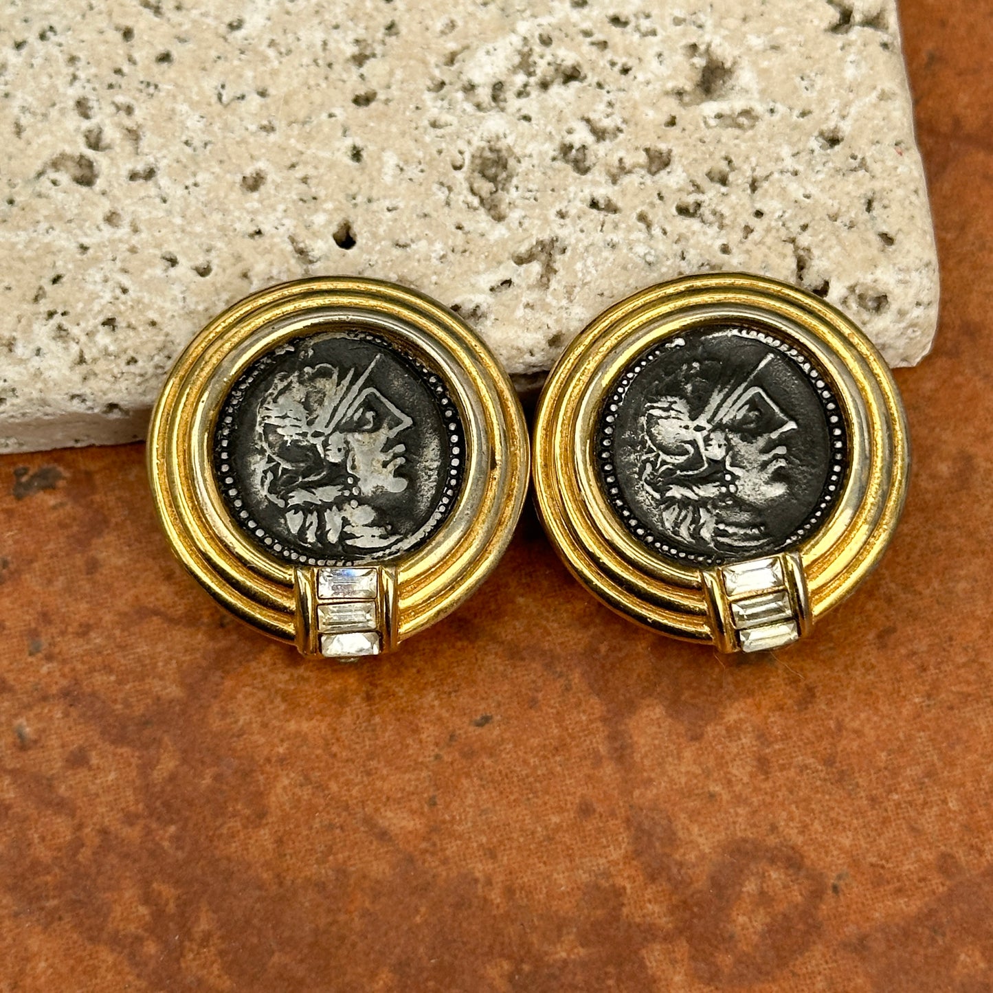 Estate Gold-Tone Bezel Replica Ancient Roman Coin Clip-On Earrings