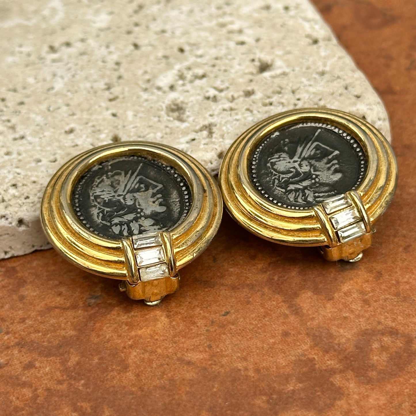 Estate Gold-Tone Bezel Replica Ancient Roman Coin Clip-On Earrings