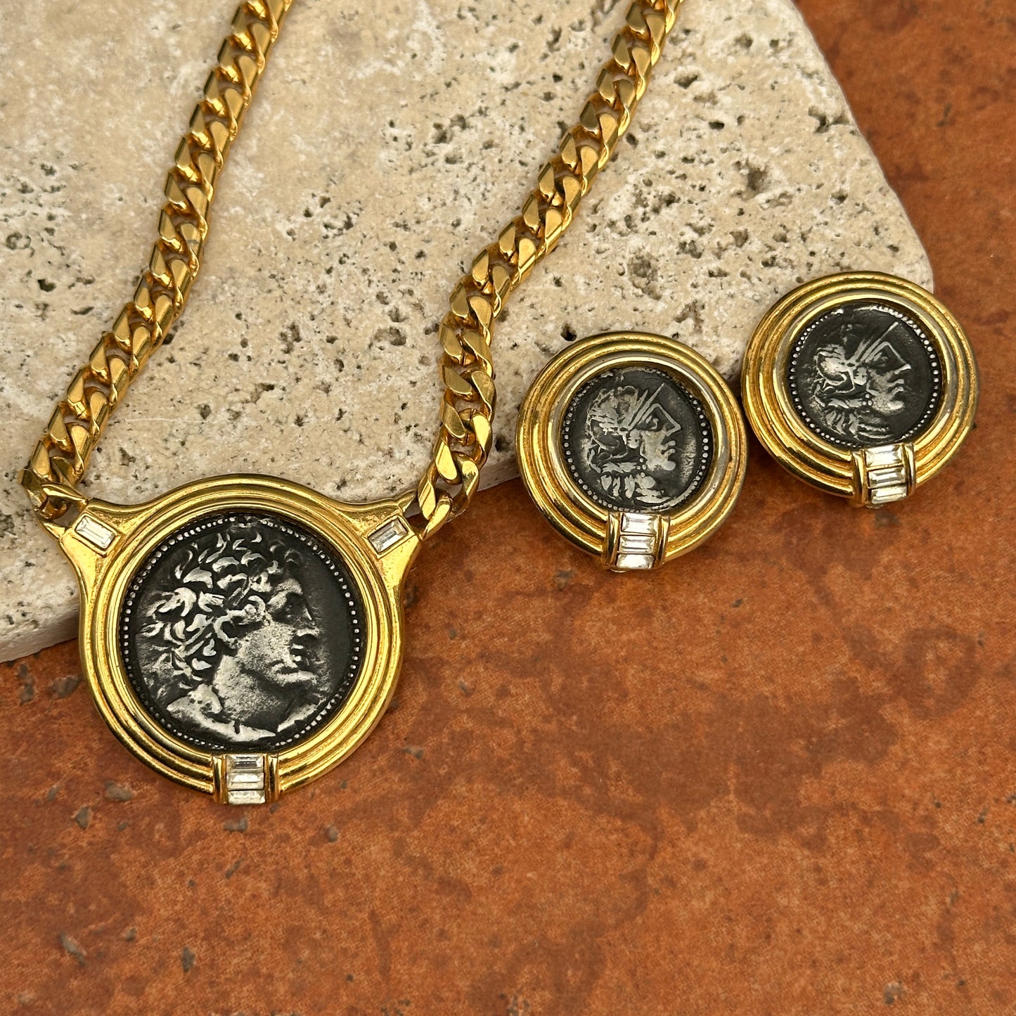 Estate Gold-Tone Bezel Replica Ancient Roman Coin Clip-On Earrings