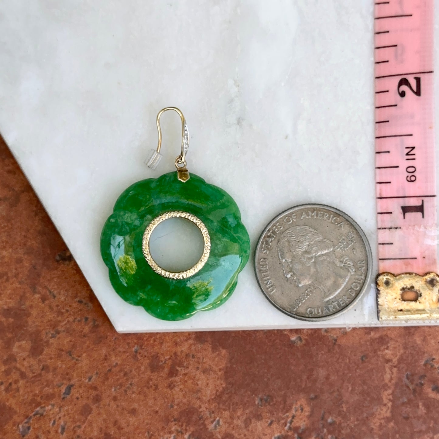 Estate 14KT Yellow Gold Round Fluted Jade + Diamond Dangle Earrings