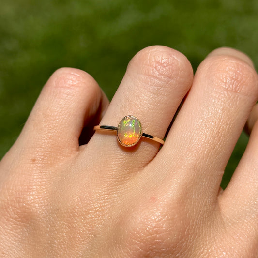 14KT Yellow Gold Cabochon Oval Opal Bezel Set Solitaire Ring