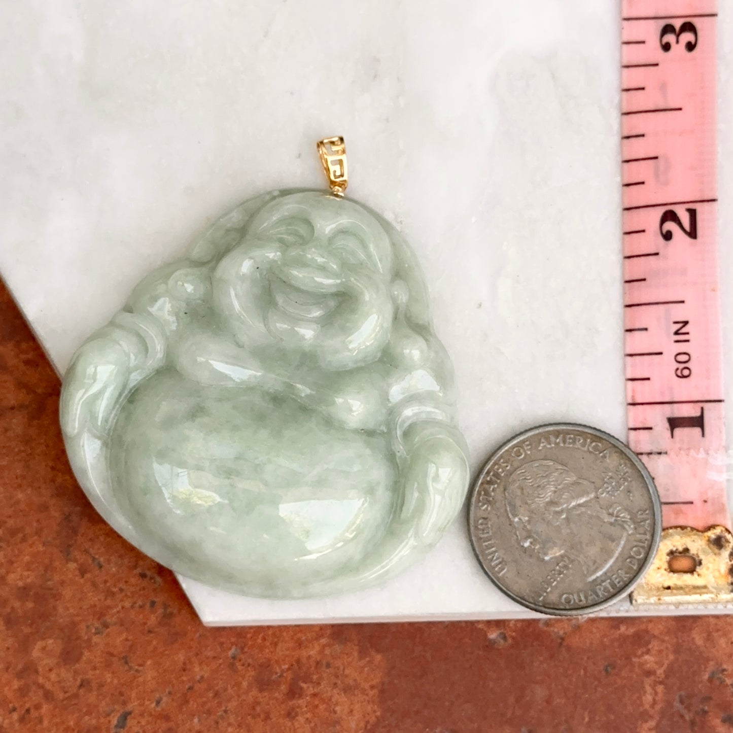 18KT Yellow Gold Greek Key Jade Buddha Pendant 60mm
