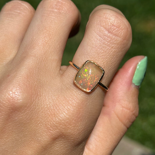 14KT Yellow Gold Antique Cushion Cut Opal Bezel Set Solitaire Ring