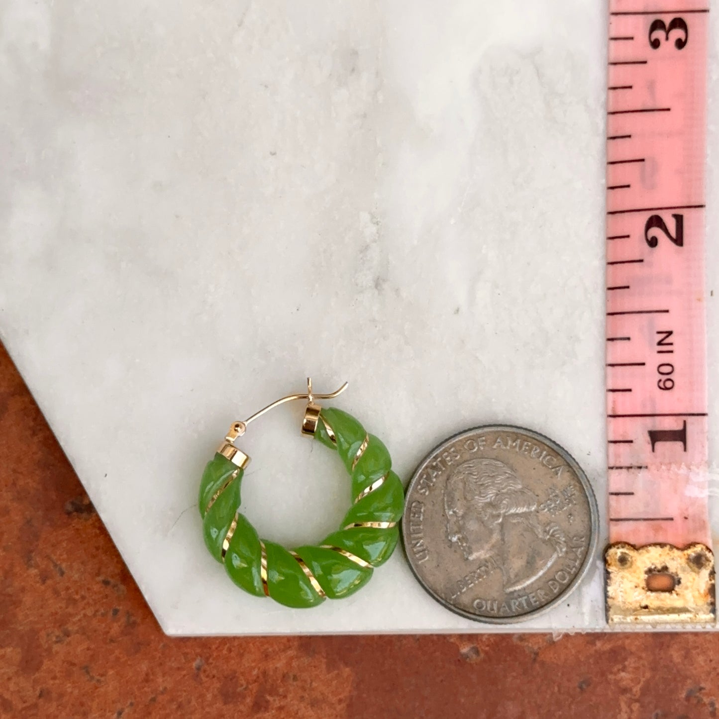 Estate 14KT Yellow Gold Ribbed Green Jade Hoop Earrings 25mm