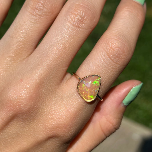 14KT Yellow Gold Geometric Opal Bezel Set Solitaire Ring