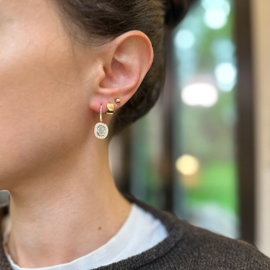 18KT Yellow Gold Bezel-Set Diamond Slice Oval Halo Dangle Gray Earrings