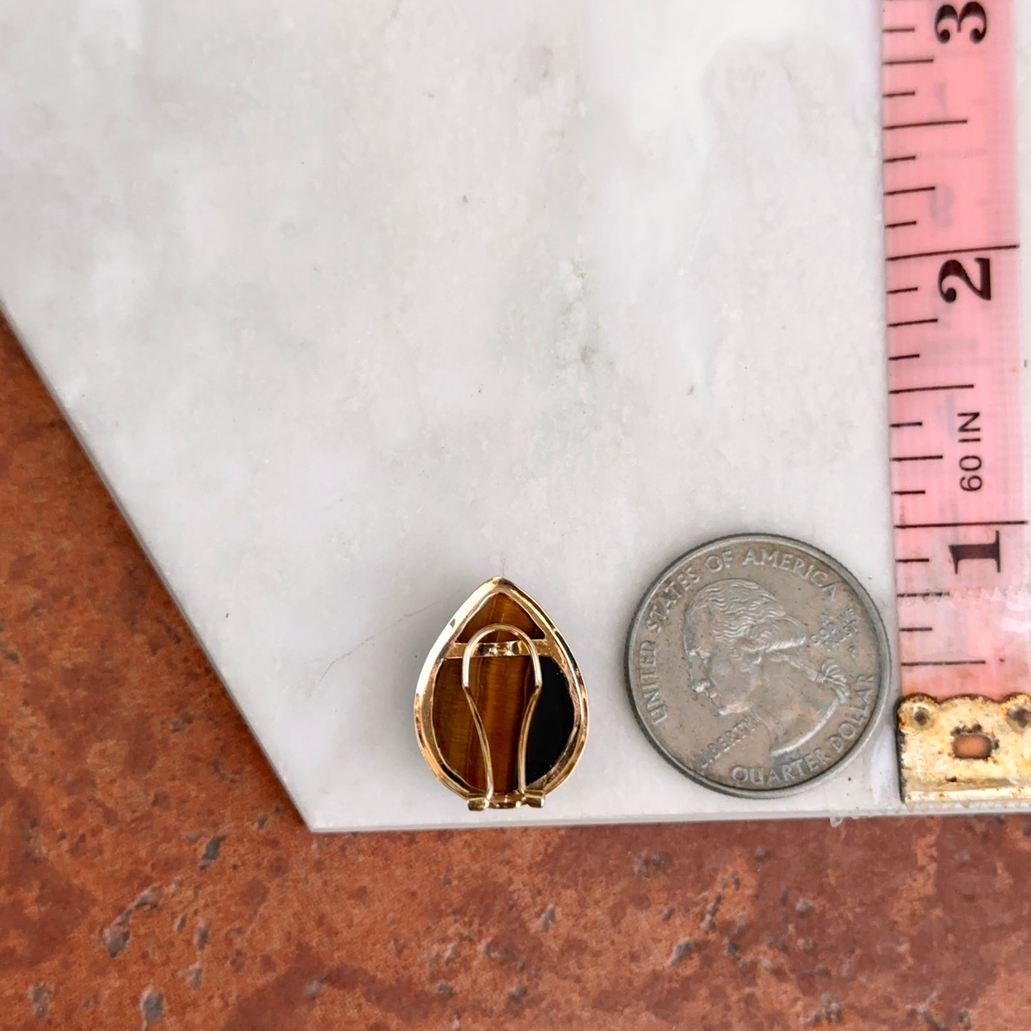 Estate 14KT Yellow Gold Teardrop Tiger's Eye Omega Back Earrings