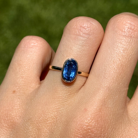 14KT Yellow Gold Elongated Oval Kyanite Bezel Set Solitaire Ring