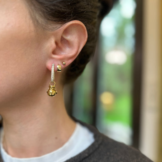 Estate 18KT Yellow Gold Pave Diamond Oval Hoop Earrings + Detachable Ball Charms