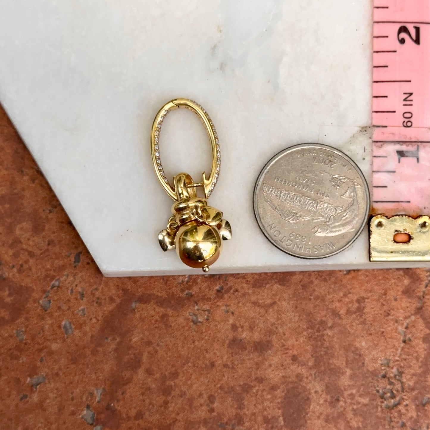 Estate 18KT Yellow Gold Pave Diamond Oval Hoop Earrings + Detachable Ball Charms