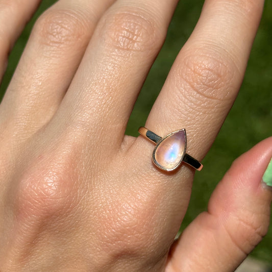 14KT Yellow Gold Cabochon Pear Rainbow Moonstone Bezel Set Solitaire Ring