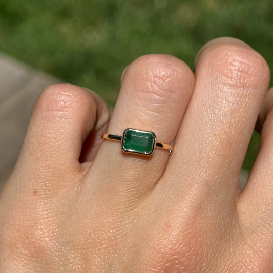 14KT Yellow Gold Emerald Cut Emerald Bezel Set Solitaire Ring