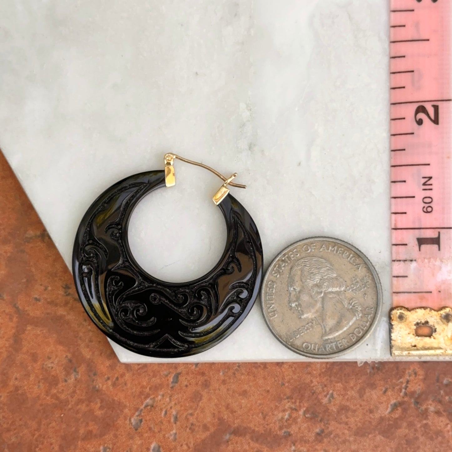 Estate 14KT Yellow Gold Carved Black Onyx Round Hoop Earrings