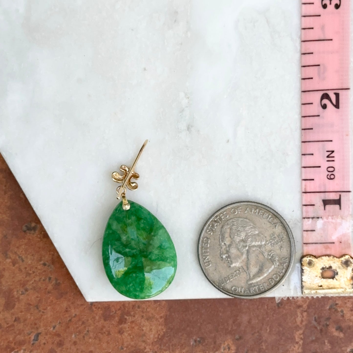 Estate 14KT Yellow Gold Carved Phoenix Jade Teardrop Dangle Earrings