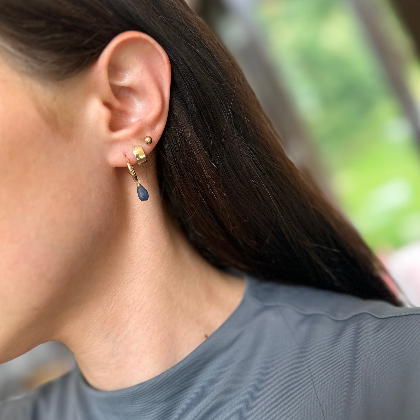 14KT Yellow Gold Teardrop Blue Sapphire Charm Hoop Earrings