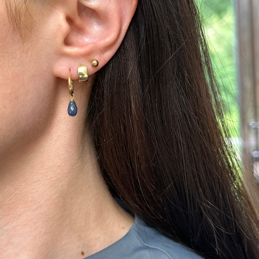 14KT Yellow Gold Teardrop Blue Sapphire Charm Hoop Earrings