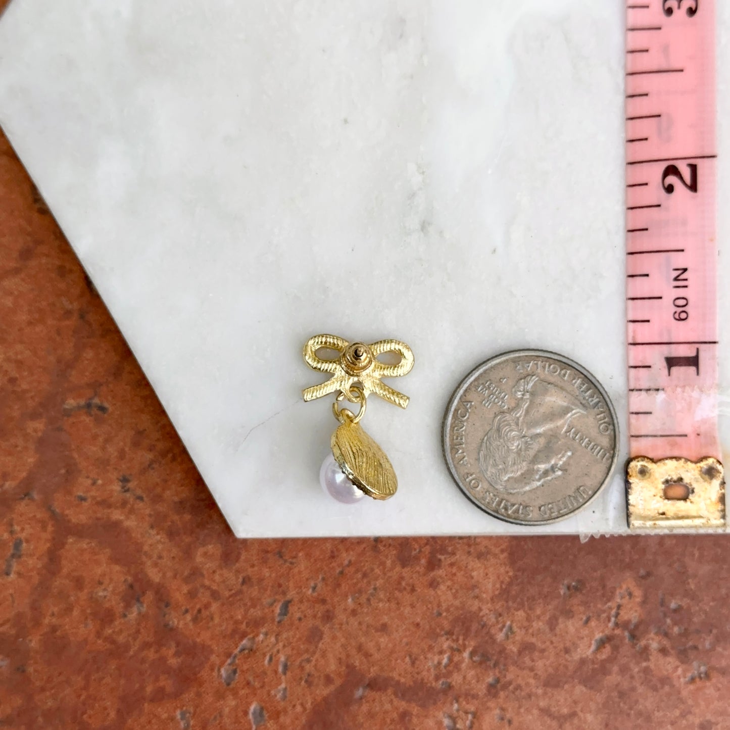 Estate Gold-Tone Round Faux Pearl Bead Drop Dangle Bow Earrings