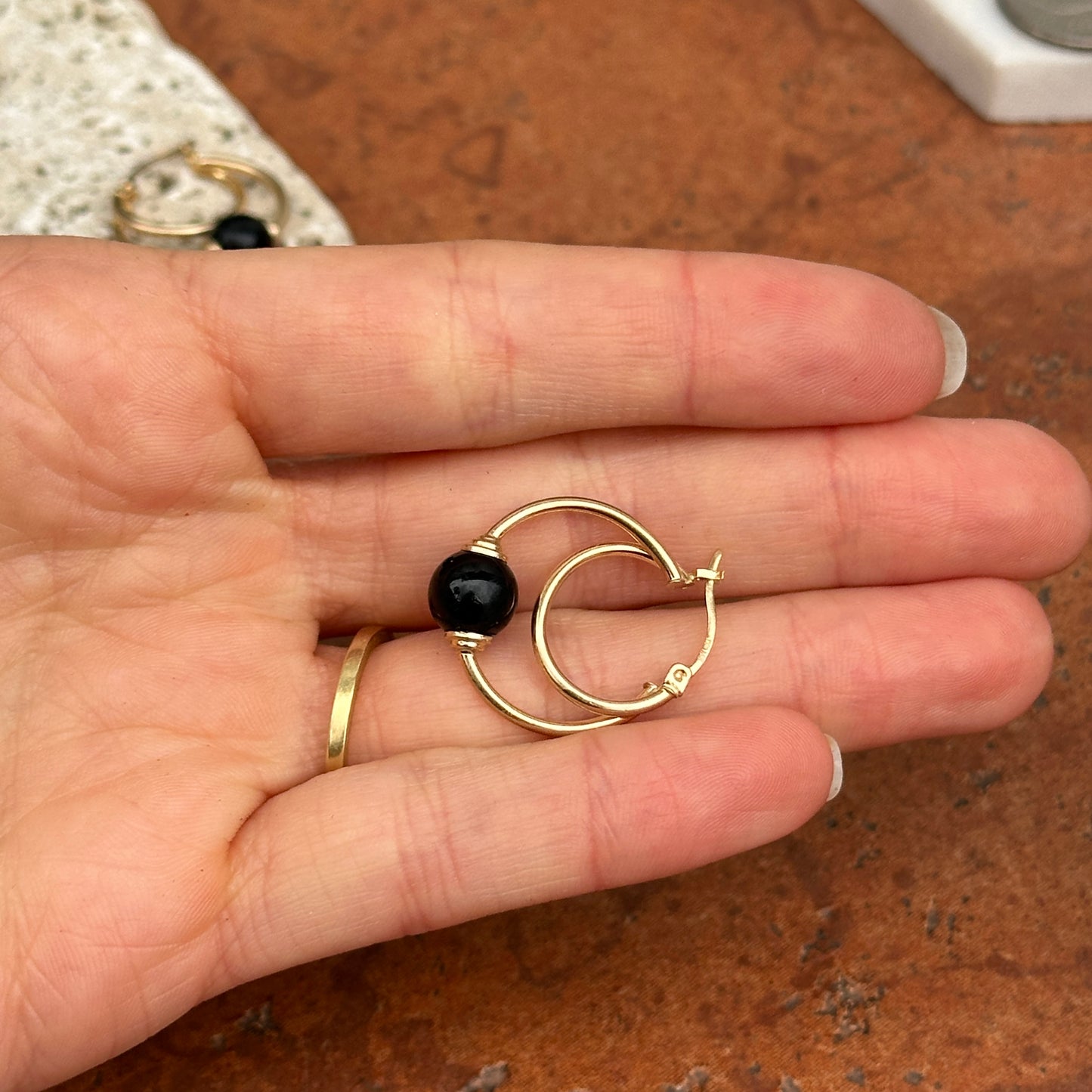 Estate 10KT Yellow Gold Onyx Ball Hoop Earrings