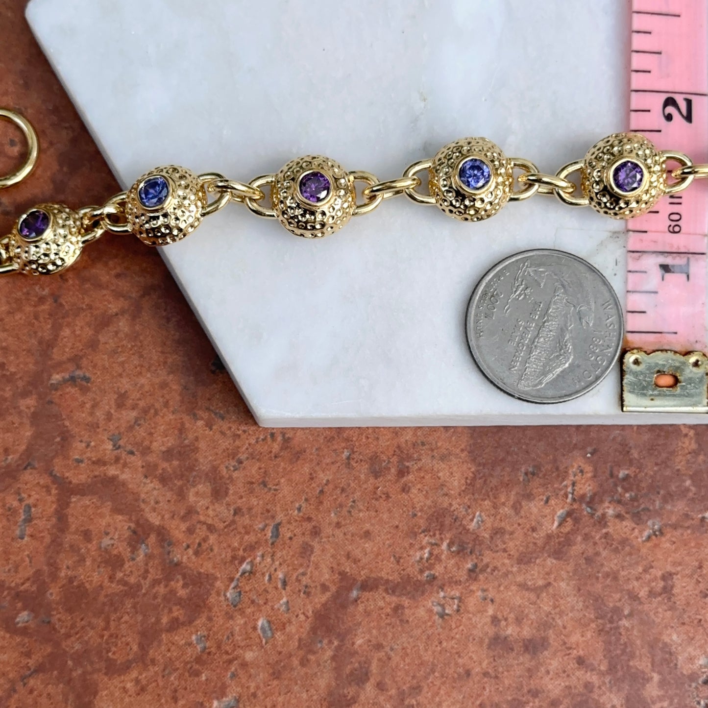 Vintage 14KT Yellow Gold Sterling Silver Byzantine Textured Links + Iolite Gemstones 8.5”