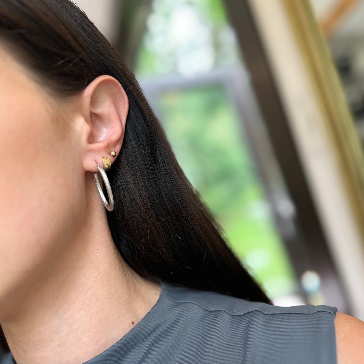 14KT White Gold Matte Finish Oval Hoop Earrings