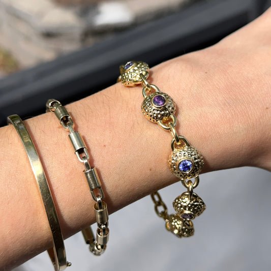 Vintage 14KT Yellow Gold Sterling Silver Byzantine Textured Links + Iolite Gemstones 8.5”