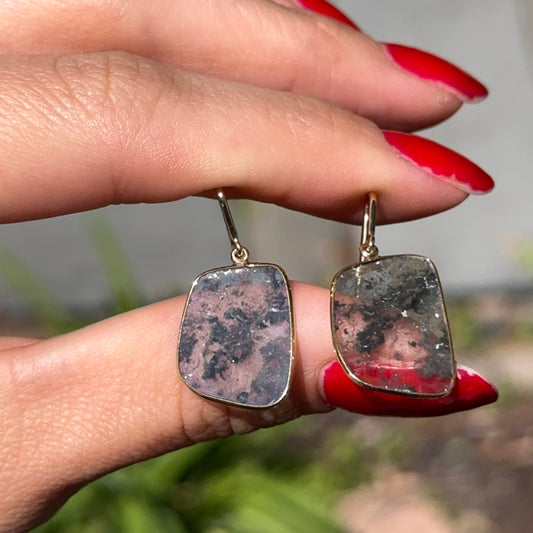 18KT Yellow Gold Bezel-Set Diamond Slice Oblong Dangle Drop Gray Earrings