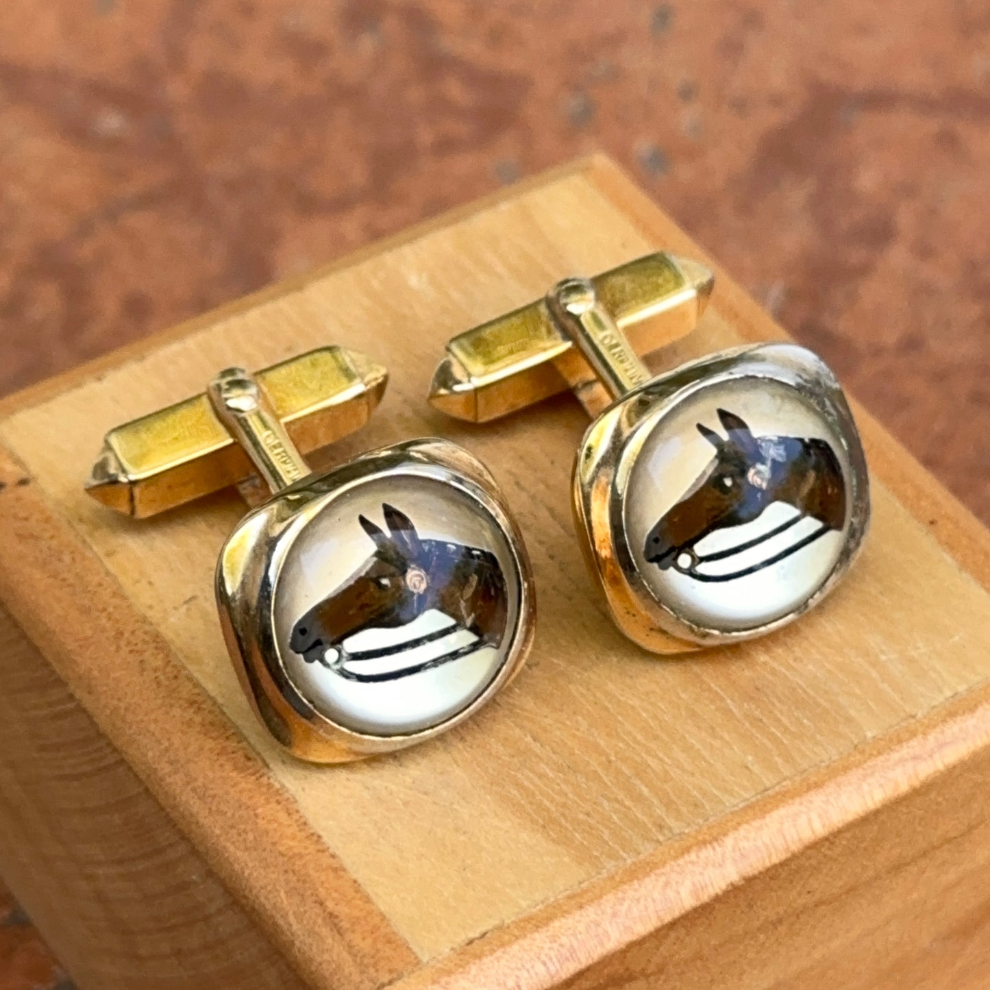Estate Gold-Tone Rounded Square Glass Hand Painted Horse Cufflinks