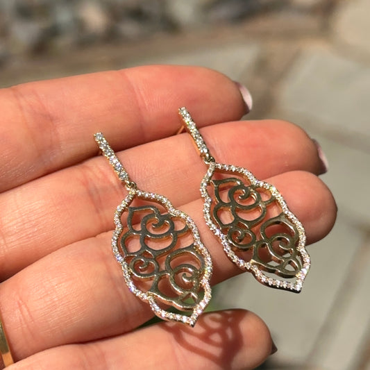 Estate 14KT Yellow Gold Filigree Floral Pave Diamond Earrings Dangle