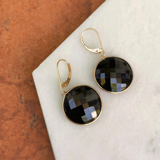 Estate 14KT Yellow Gold Checkerboard Round Double Sided Black Onyx Dangle Earrings