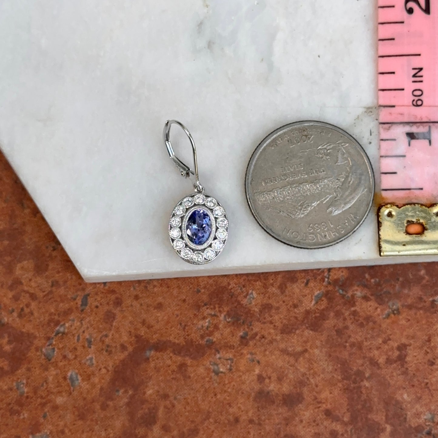 Estate 14KT White Gold Diamond Filigree Halo + Oval Tanzanite Earrings