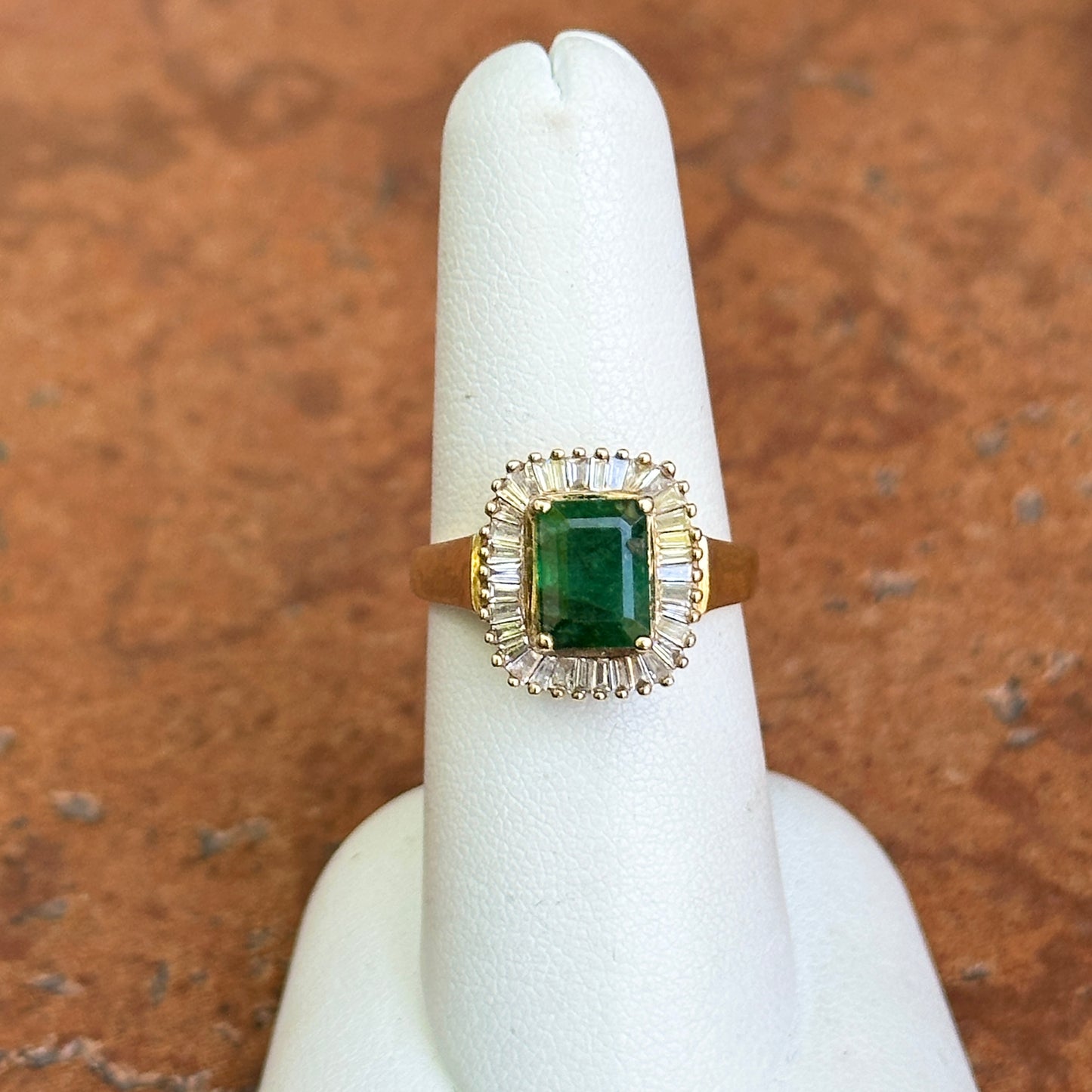 Estate 14KT Yellow Gold Emerald-Cut Emerald + Baguette Diamond Ballerina Ring