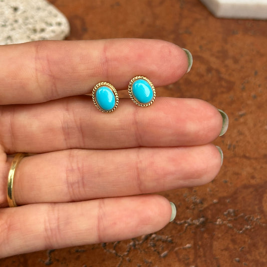 14KT Yellow Gold Small Oval Cabochon Turquoise Gemstone Milgrain Earrings