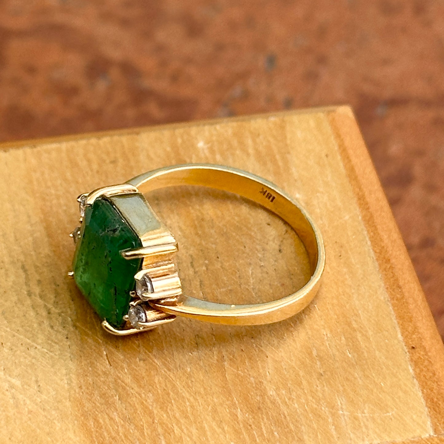 Estate 18KT Yellow Gold Emerald-Cut 3.00 CT Emerald + Diamond Ring