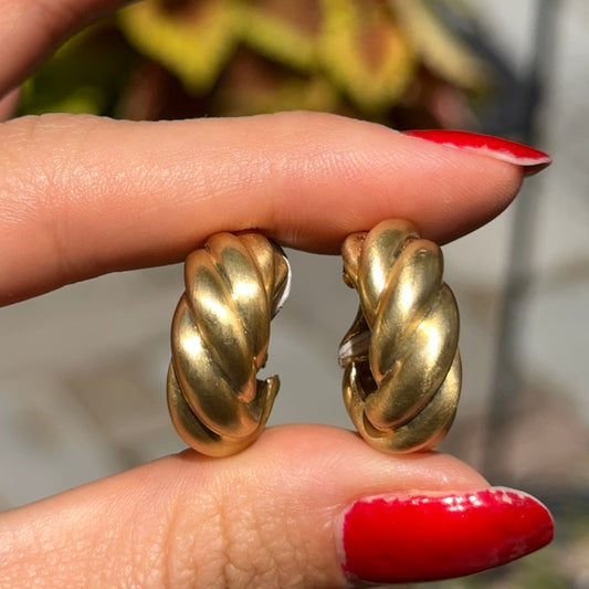 Estate 18KT Yellow Gold Matte Twist Hoop Earrings Clip-On