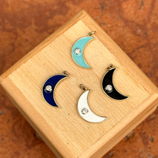 14KT Yellow Gold Turquoise Enamel Diamond Crescent Moon Pendant Charm