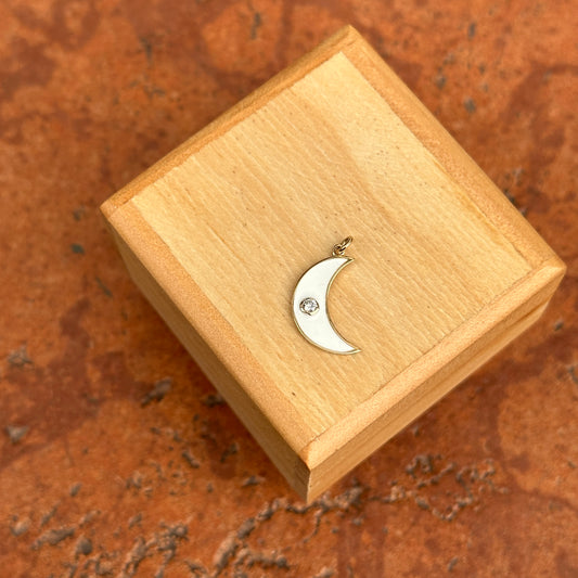 14KT Yellow Gold White Enamel Diamond Crescent Moon Pendant Charm