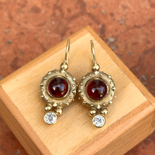 Antique Byzantine 14KT Yellow Gold Cabochon Garnet + Diamond Drop Bezel Earrings