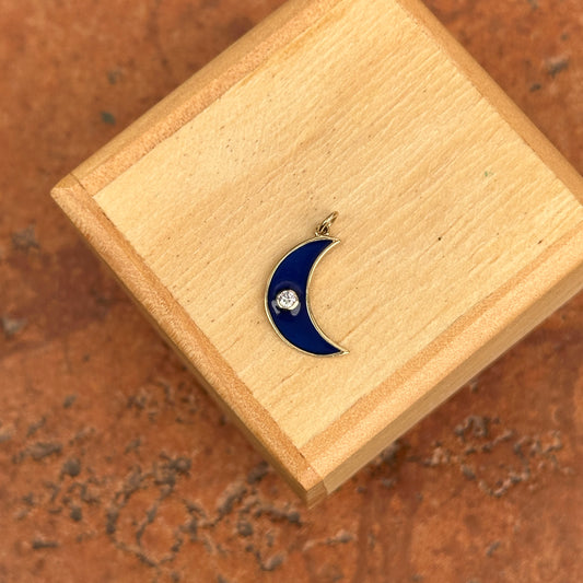 14KT Yellow Gold Dark Blue Enamel Diamond Crescent Moon Pendant Charm