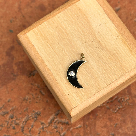 14KT Yellow Gold Black Enamel Diamond Crescent Moon Pendant Charm