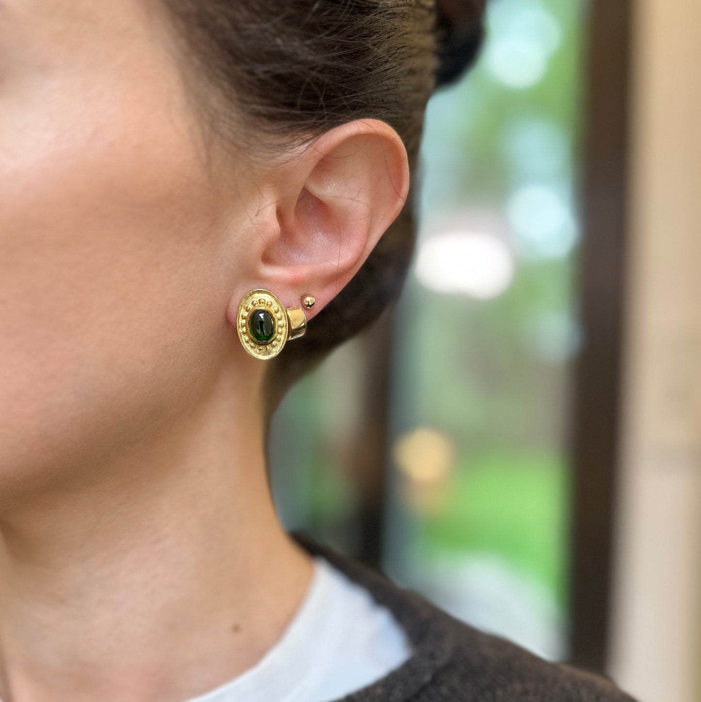 Estate 18KT Yellow Gold Cabochon Green Tourmaline Byzantine Oval Earrings