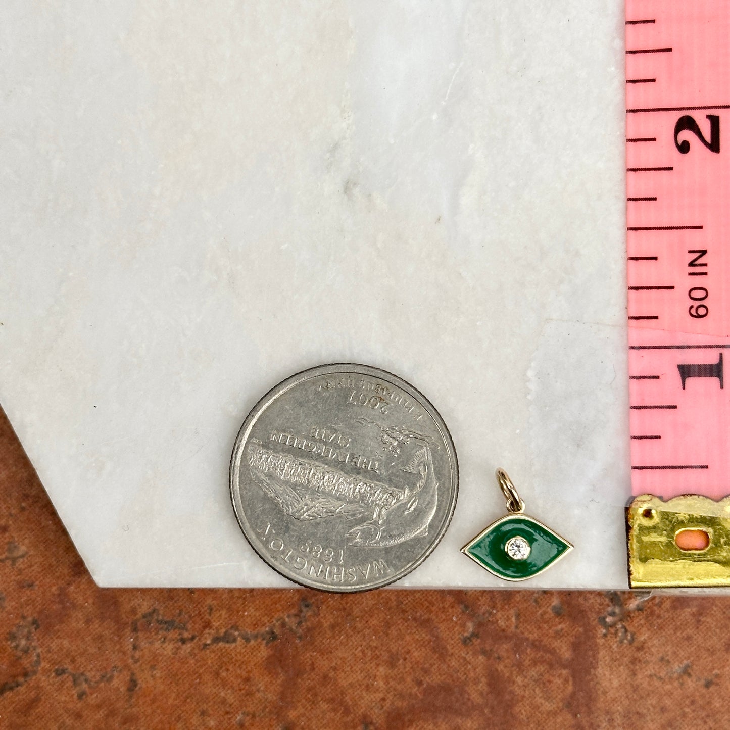 14KT Yellow Gold Green Enamel Diamond Evil Eye Pendant Charm